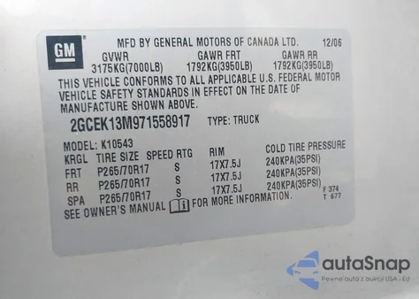 2007 Chevrolet Silverado 1500 Lt1 из США, поврежденный, VIN 2GCEK13M971558917